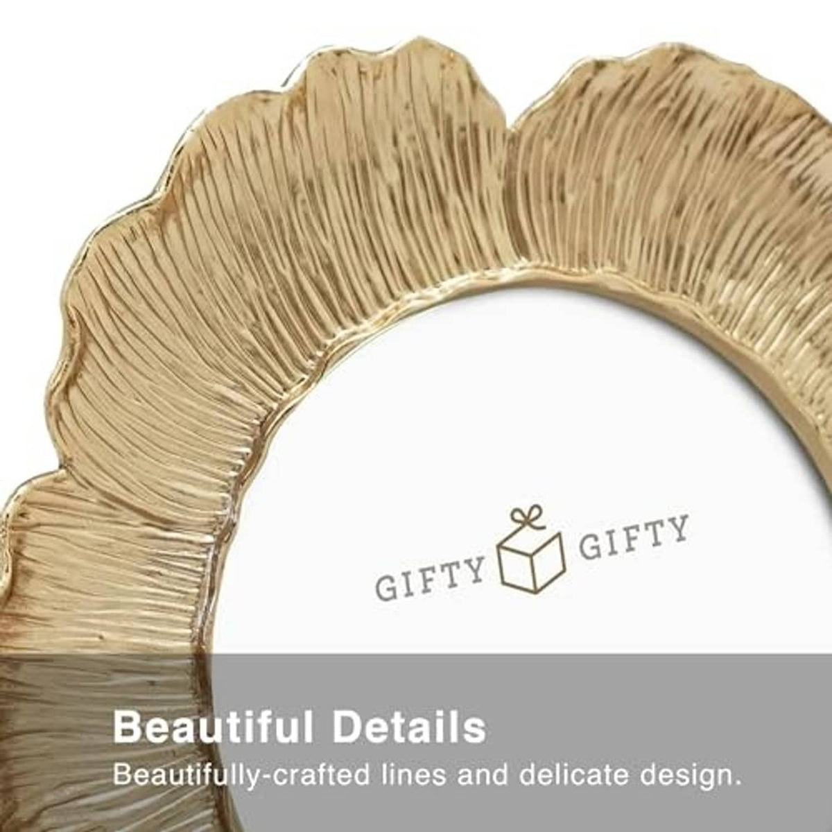 Gold circular floral photo frame with close-up textured ridged border detail.