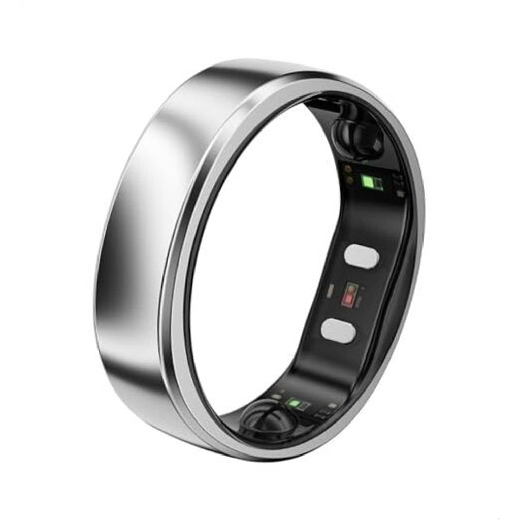 Silver smart ring with dark inner sensor module, angled view