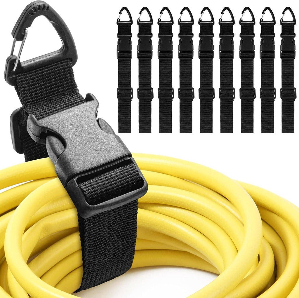 Black triangle-clip cord holder fastening a yellow coiled extension cord