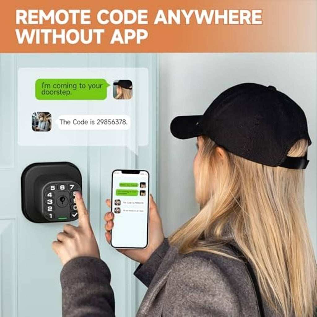 Matte black keypad door lock on entry door, operated with smartphone nearby