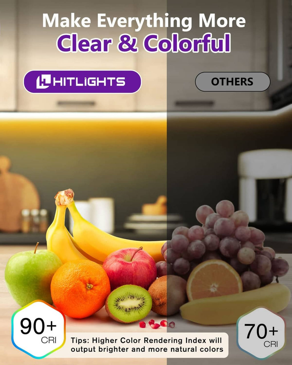 COB LED strip lights with high CRI color rendering shown on warm light