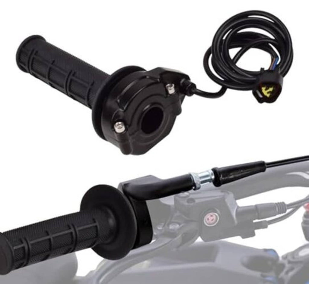 Throttle assembly with black rubber grips and cable mounted on a dirt bike