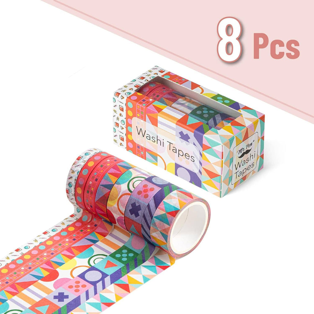 Assorted washi tape rolls with geometric prints, 8-pack retail box shown