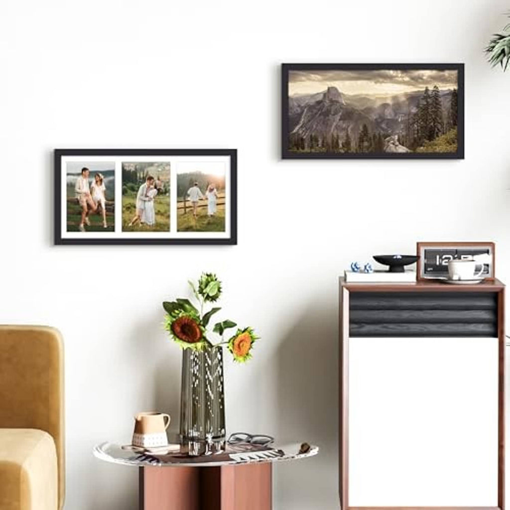 Black collage picture frame with three photo windows displayed