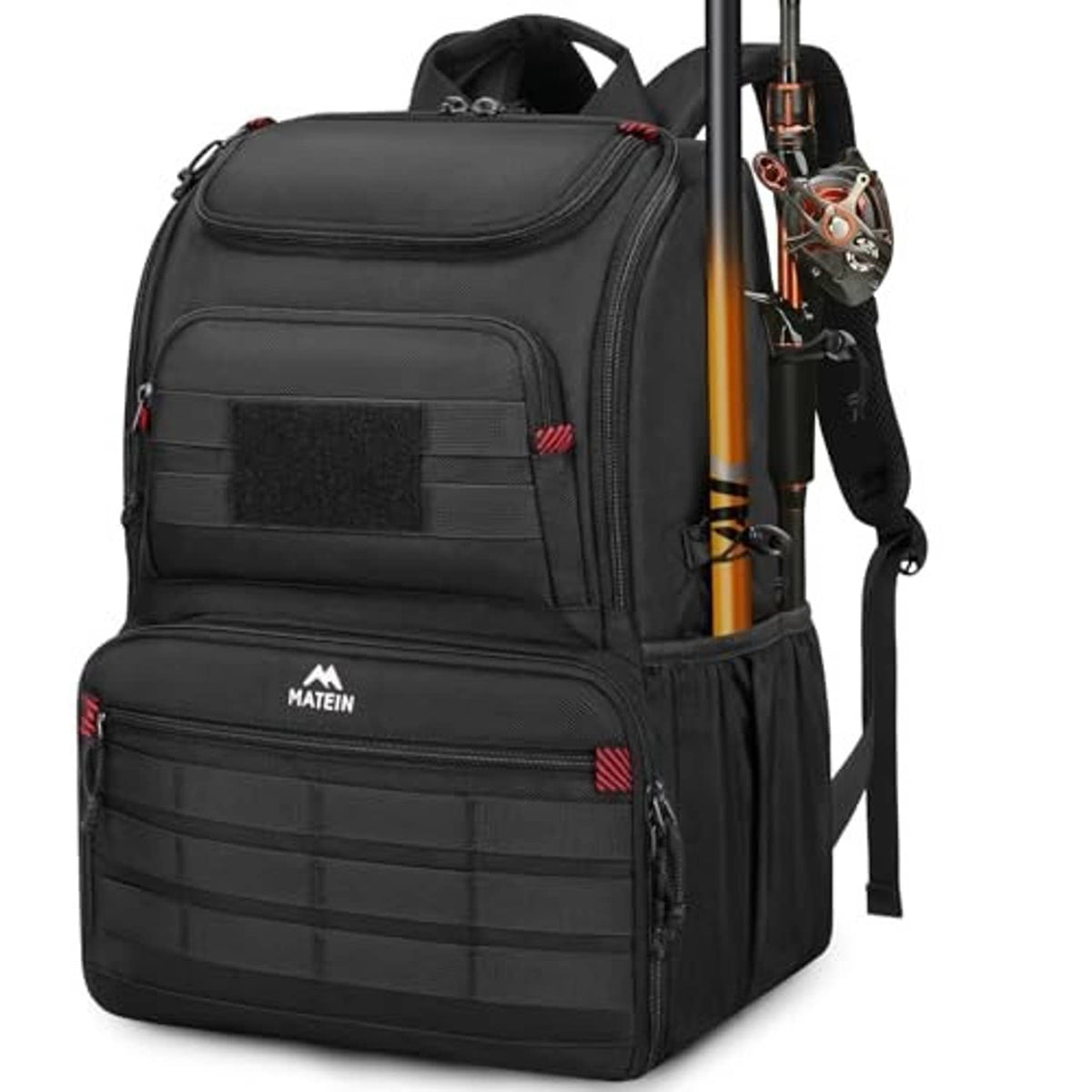 Black fishing tackle backpack with zip front compartments and upright rod holder.
