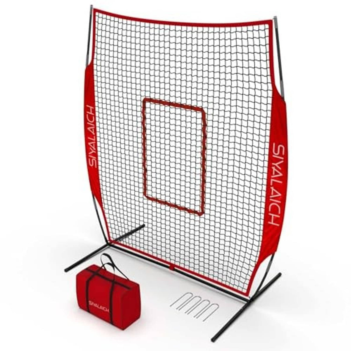 Pitching screen with white mesh, red frame, target box, and red carry bag