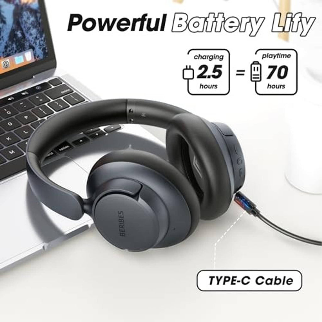 Over-ear hybrid headphones in transparent black, Type-C charging cable connected