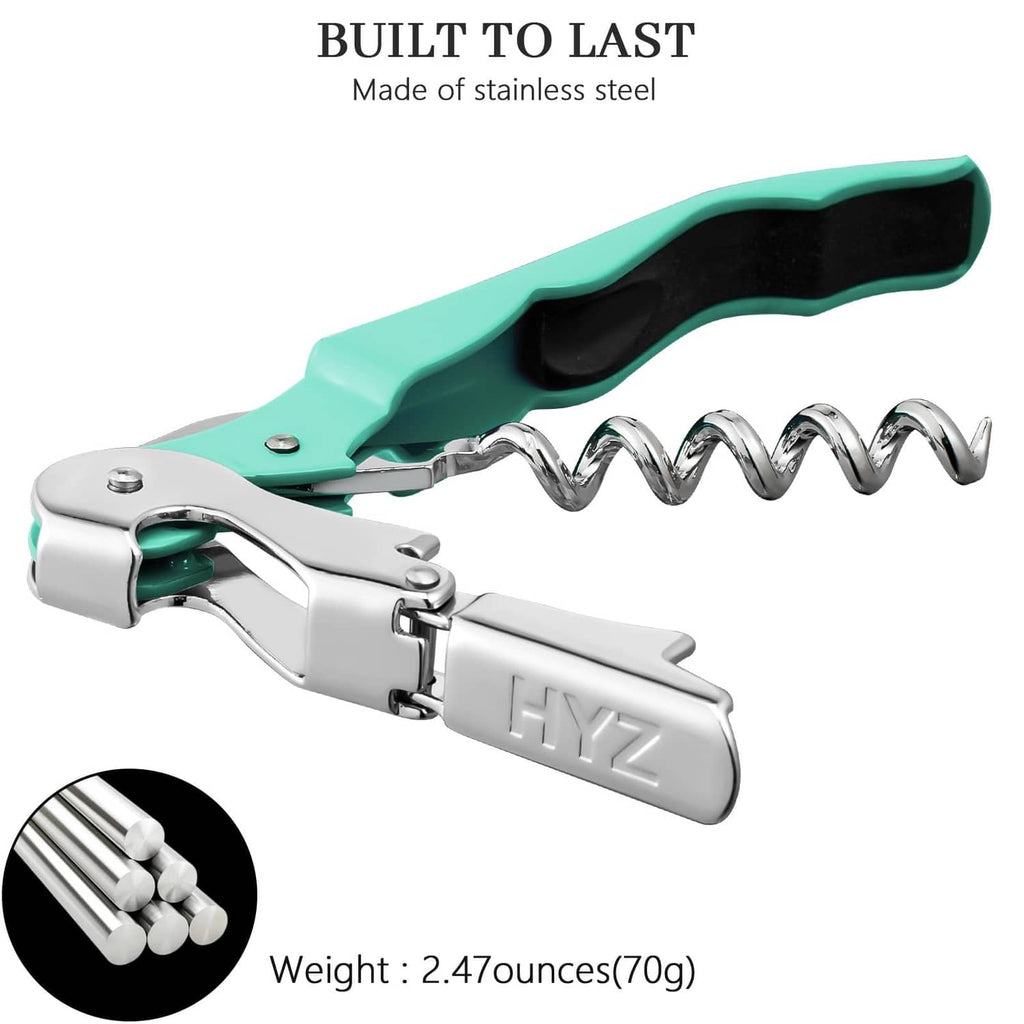Stainless steel waiter corkscrew with mint green handle and cork-pulling spiral