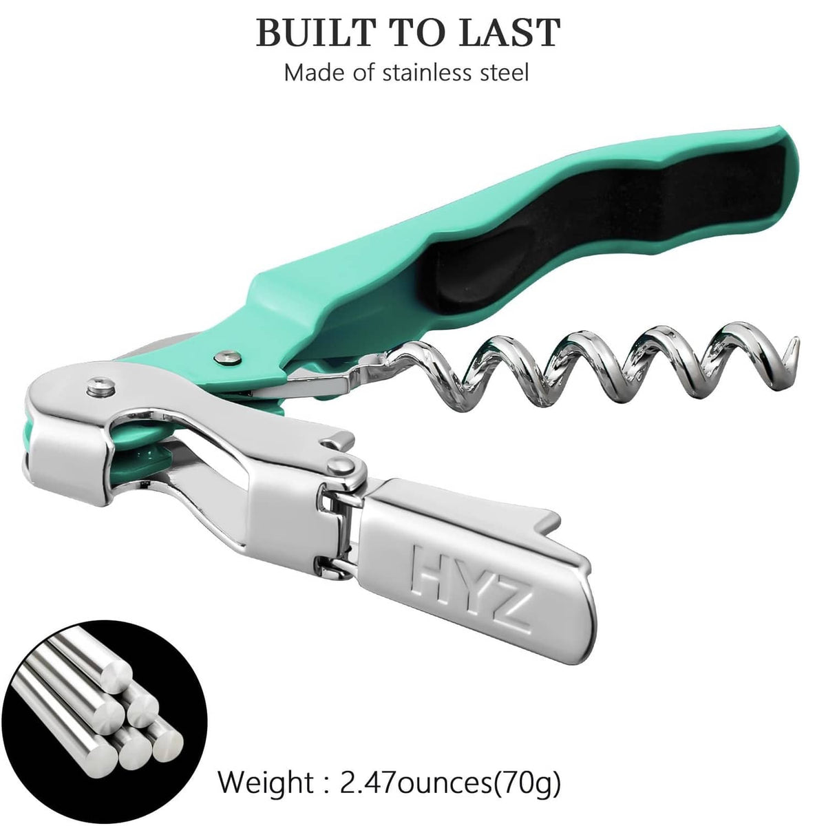 Stainless steel waiter corkscrew with mint green handle and cork-pulling spiral