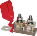 Dual MRBF terminal fuse block with red cover, two screw terminals, 300A max rating