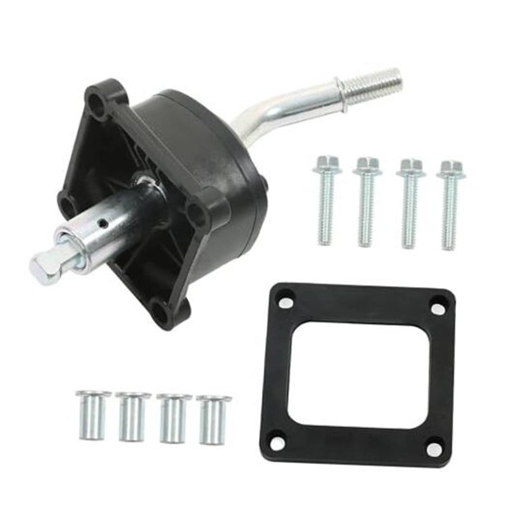 5-speed shifter tower kit: black housing with silver shift rod, bolts, and mounting plate