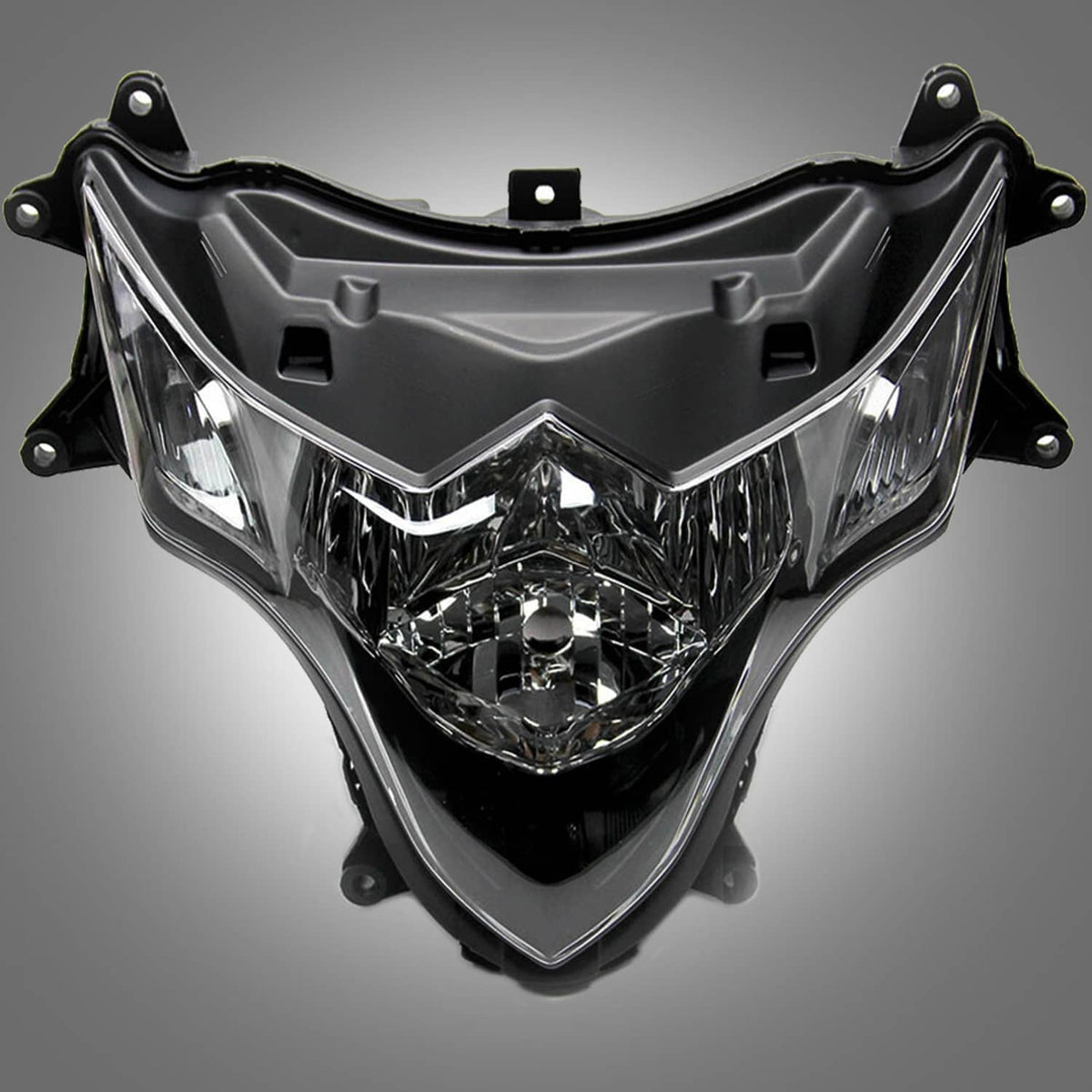 Front headlight lamp assembly, black trim with clear lens and chrome reflector