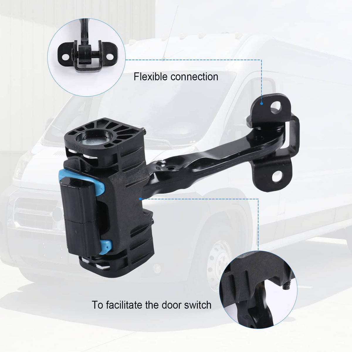 Front door check strap with black arm, blue insert detail, and round hinge bushing