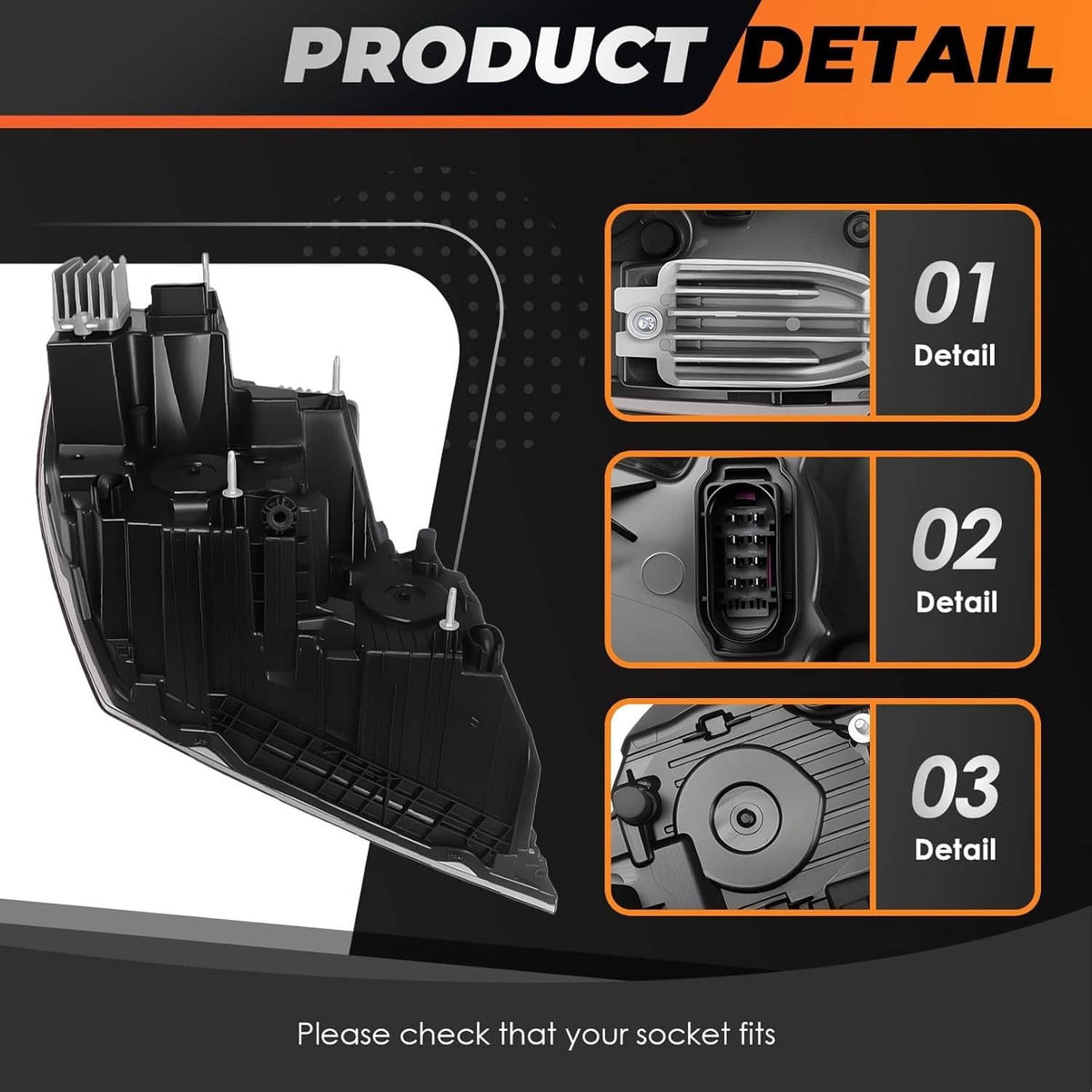 LED headlight internal structure shown in component cutaway diagram