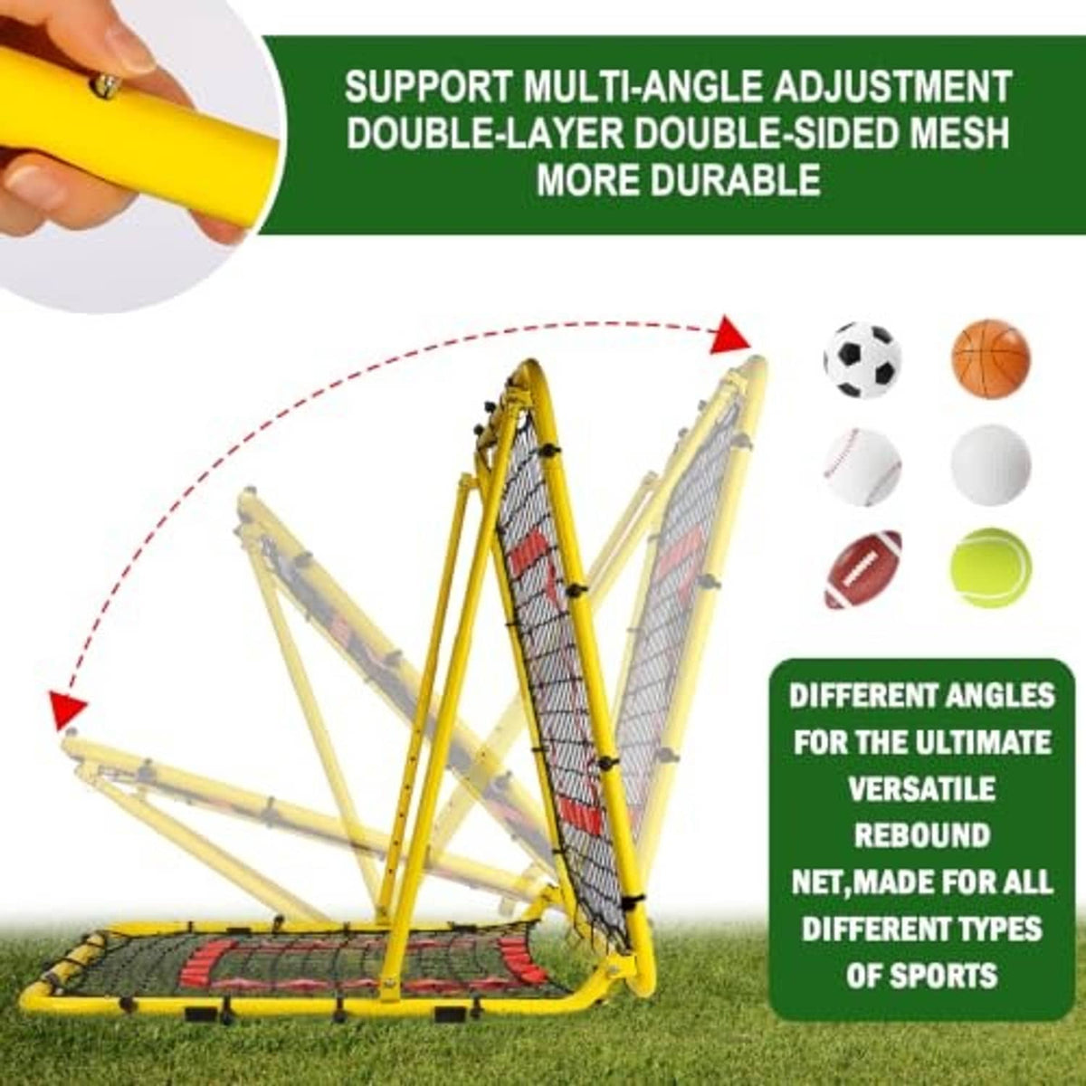 Adjustable yellow baseball rebounder net with red target square and black mesh base