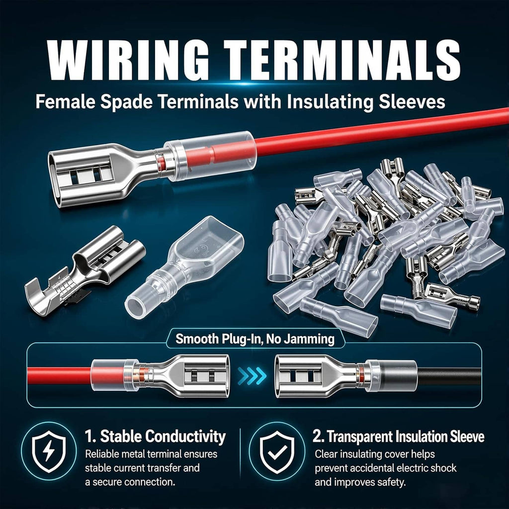 Female spade wiring terminals with transparent insulating sleeves for power relay connections