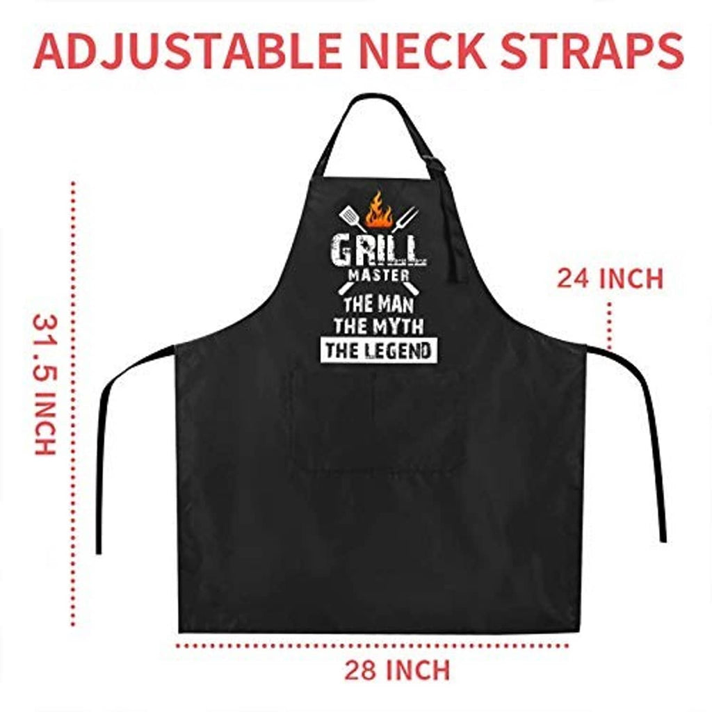 Black apron with adjustable neck straps and Grill Master flame logo print
