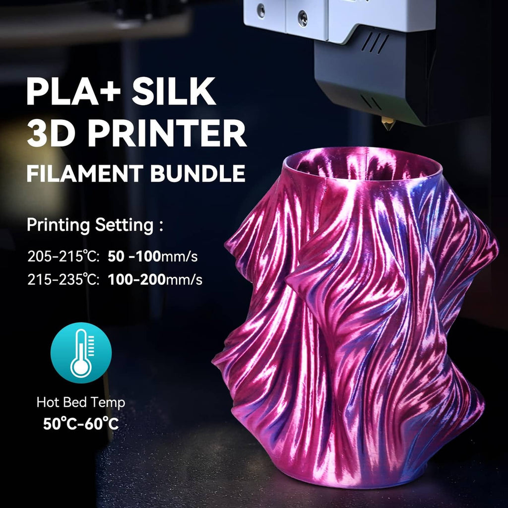 Purple metallic silk PLA filament bundle held on 3D printer nozzle