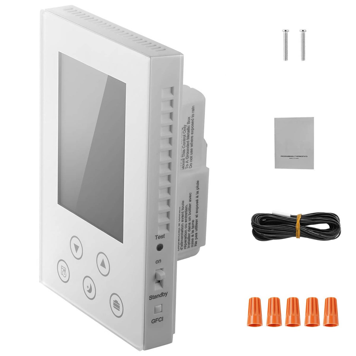 White programmable 7-day thermostat with touchscreen and control buttons, side and front view