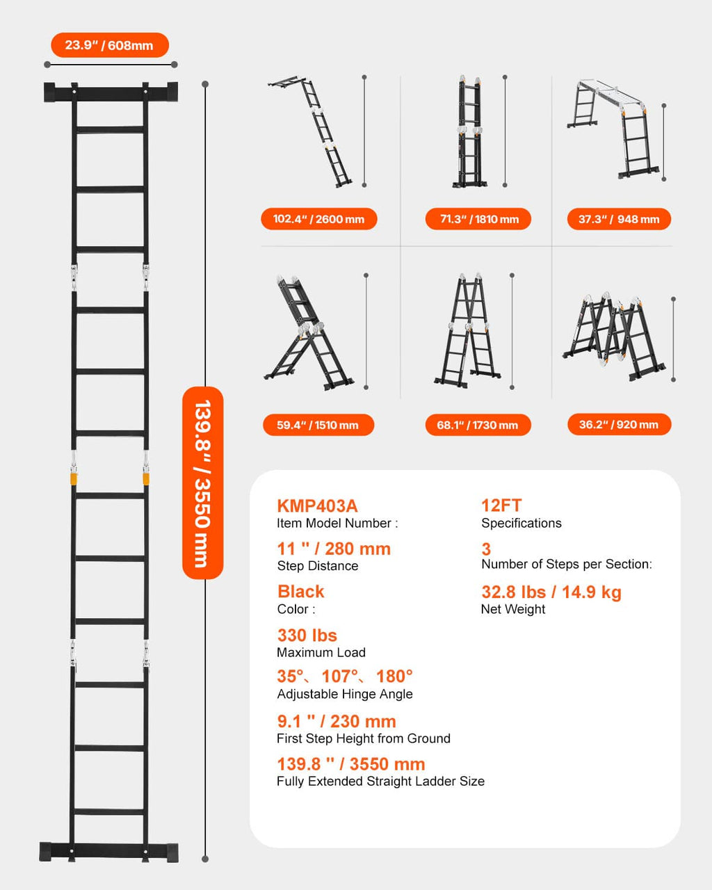 Multi-purpose folding ladder with dimensions, black frame and gray feet