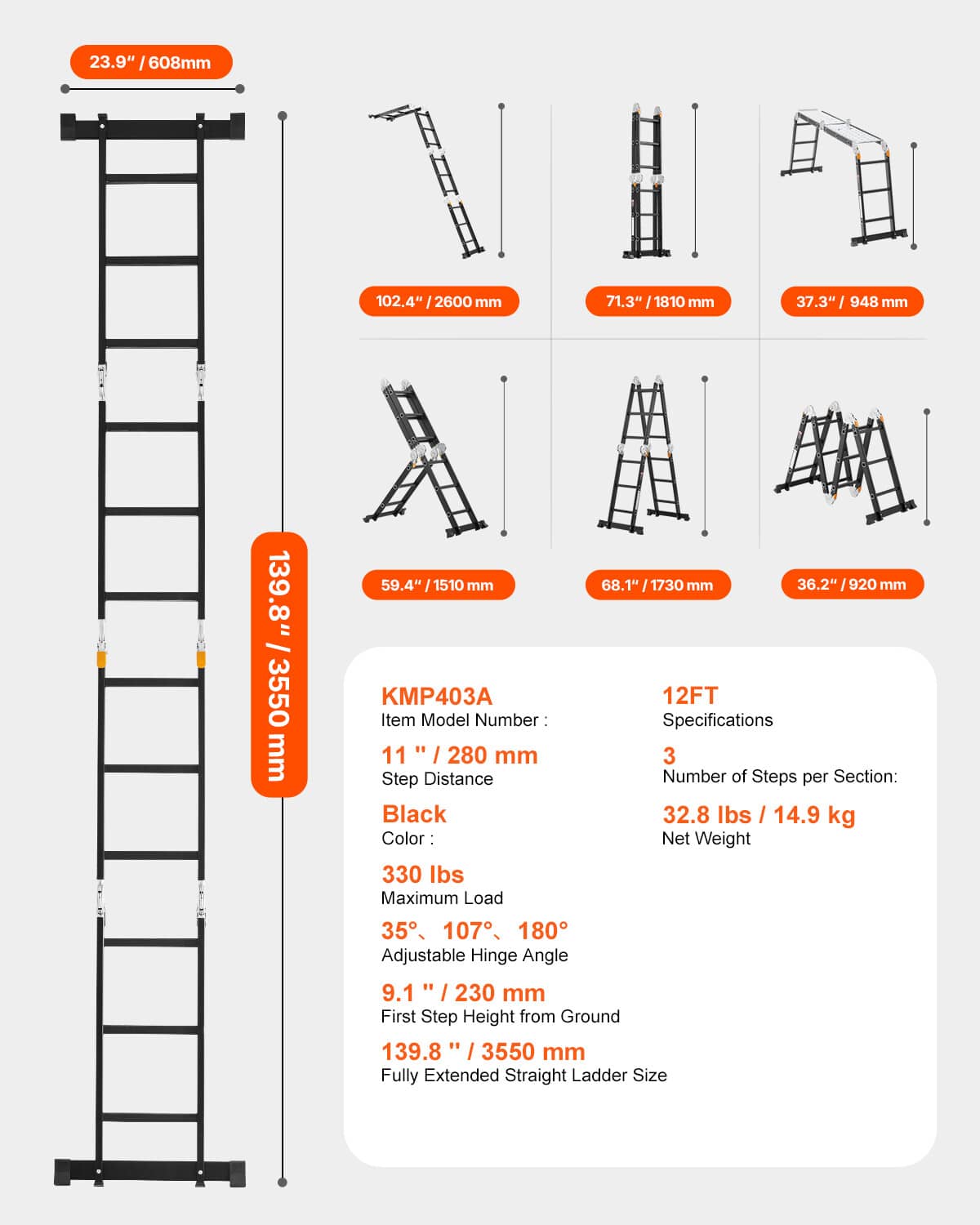 Multi-purpose folding ladder with dimensions, black frame and gray feet
