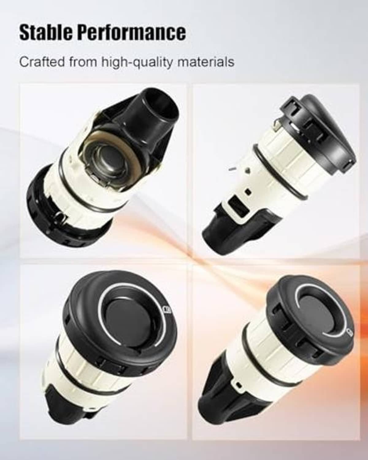 Capless fuel filler cap shown from multiple angles, black top and cream body