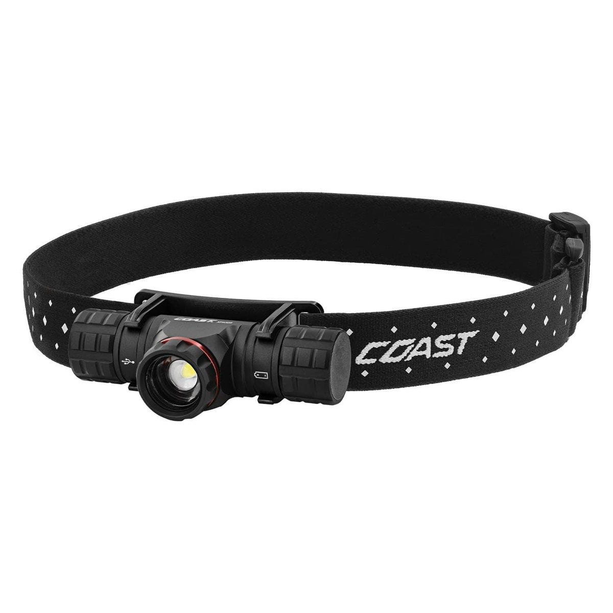 Black headlamp with elastic strap and front LED lens