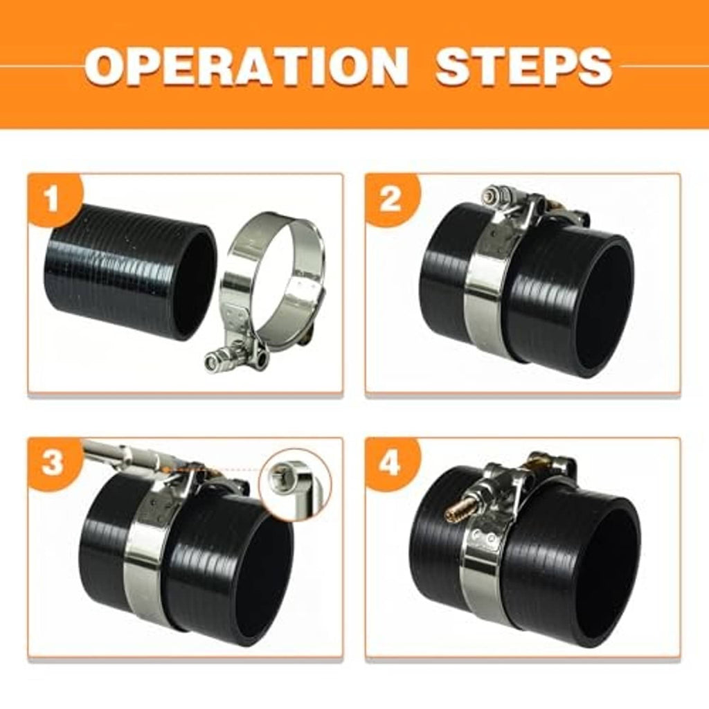 T-bolt hose clamp operation steps diagram, band and bolt shown on hoses