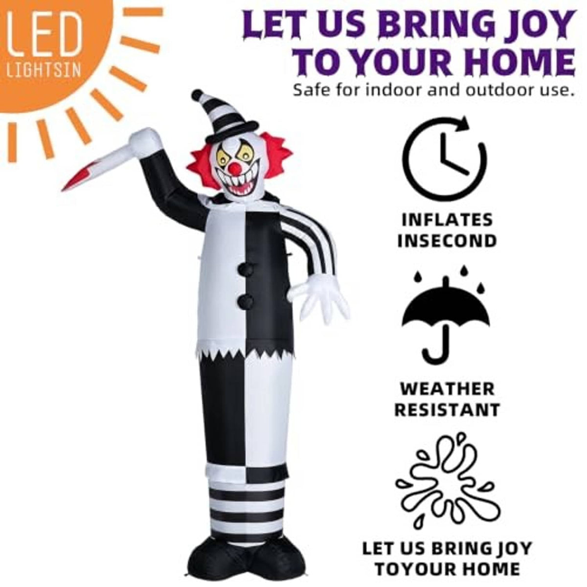 12ft inflatable LED clown, inflates in seconds, weather-resistant for indoor and outdoor use