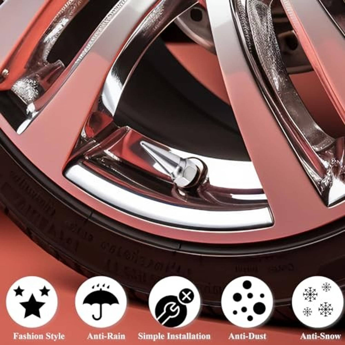 Silver spiked valve stem cap on a car wheel with chrome spoke