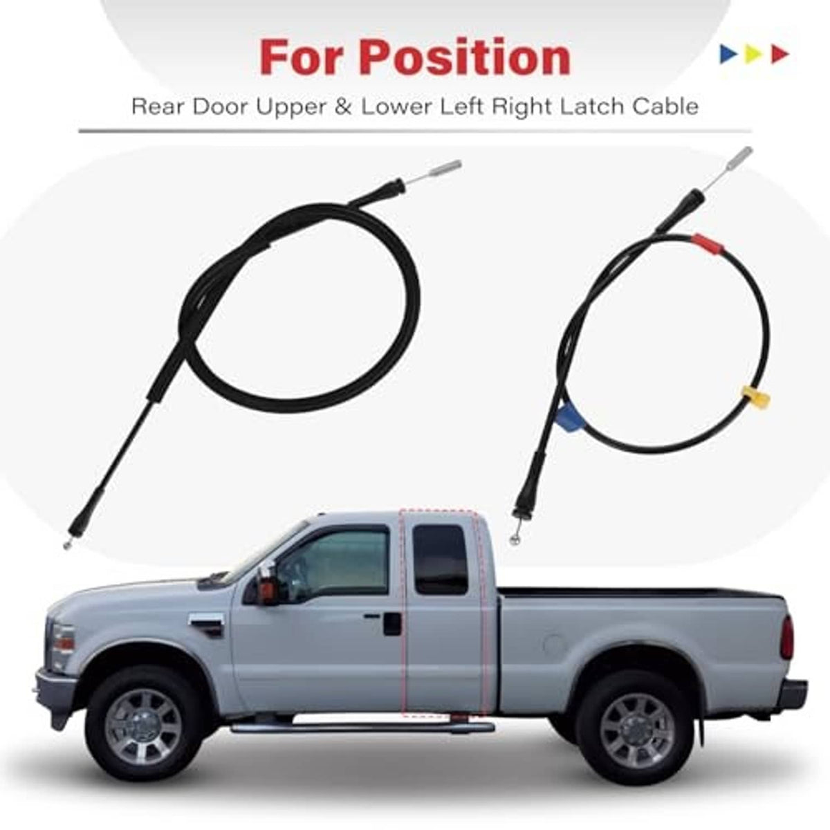Rear door upper and lower left latch cable set for pickup trucks, black with metal ends