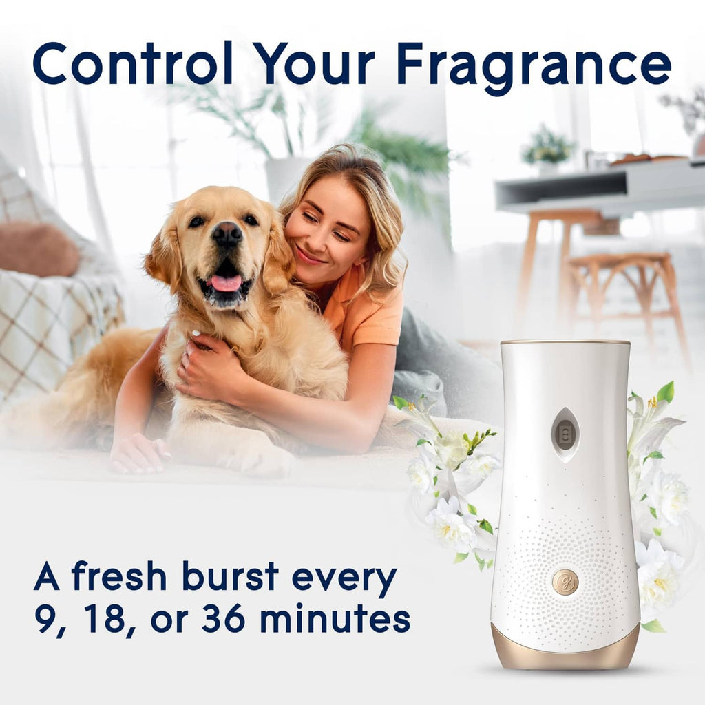 White automatic spray freshener device with pet odor refill canister and pets