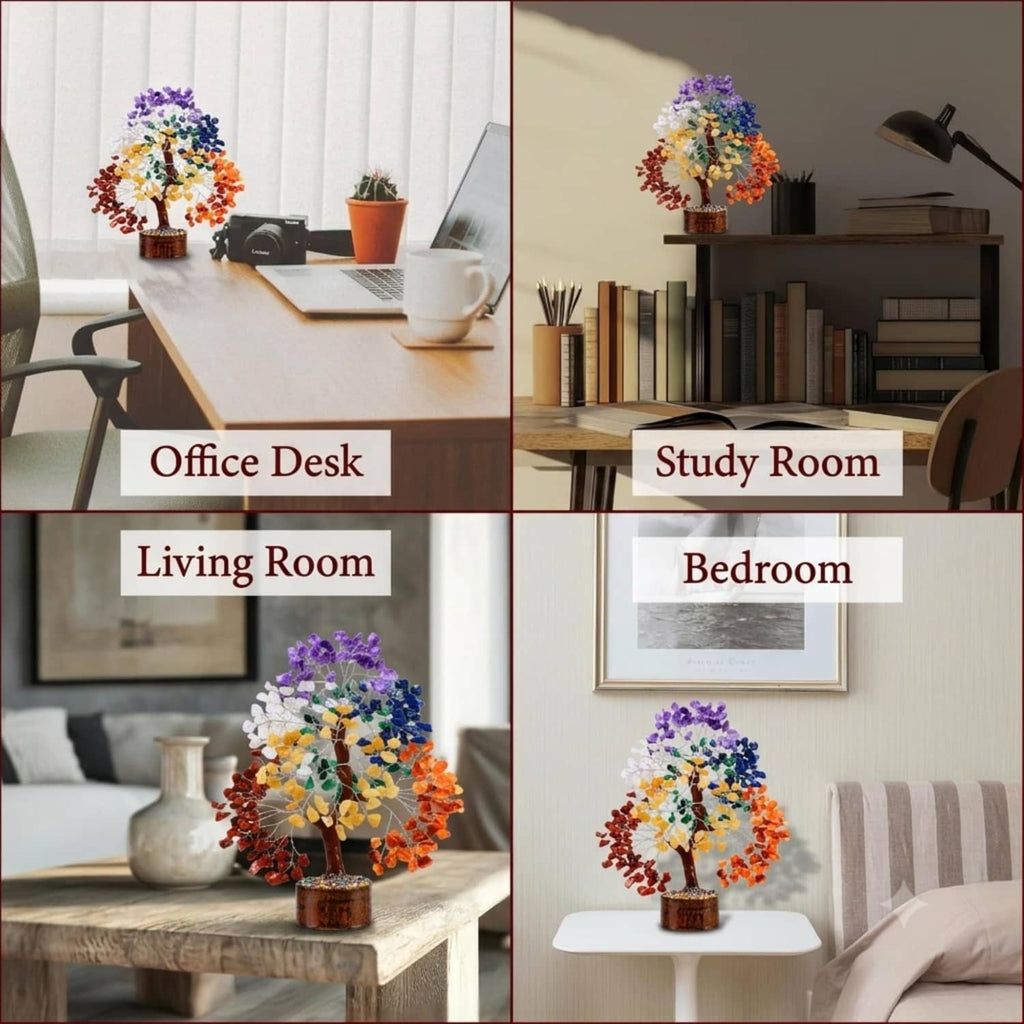 Multicolor gemstone chip crystal tree on dark wooden base, decorative tabletop decor