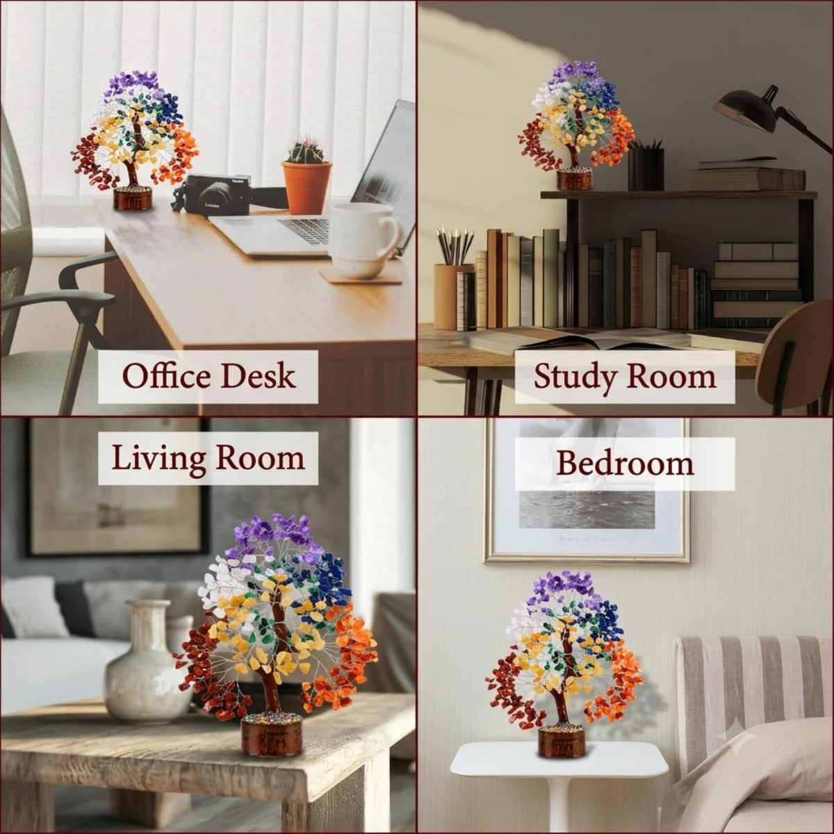 Multicolor gemstone chip crystal tree on dark wooden base, decorative tabletop decor