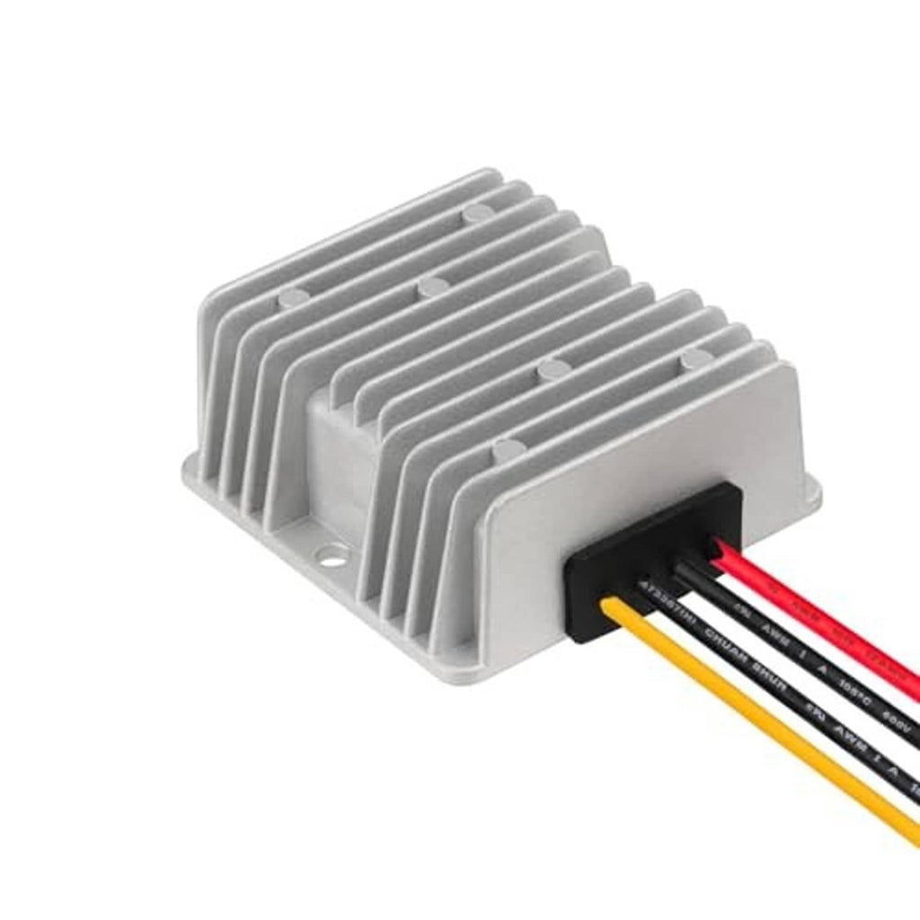 Buck-boost converter with metal heatsink and wiring leads: red, black, yellow