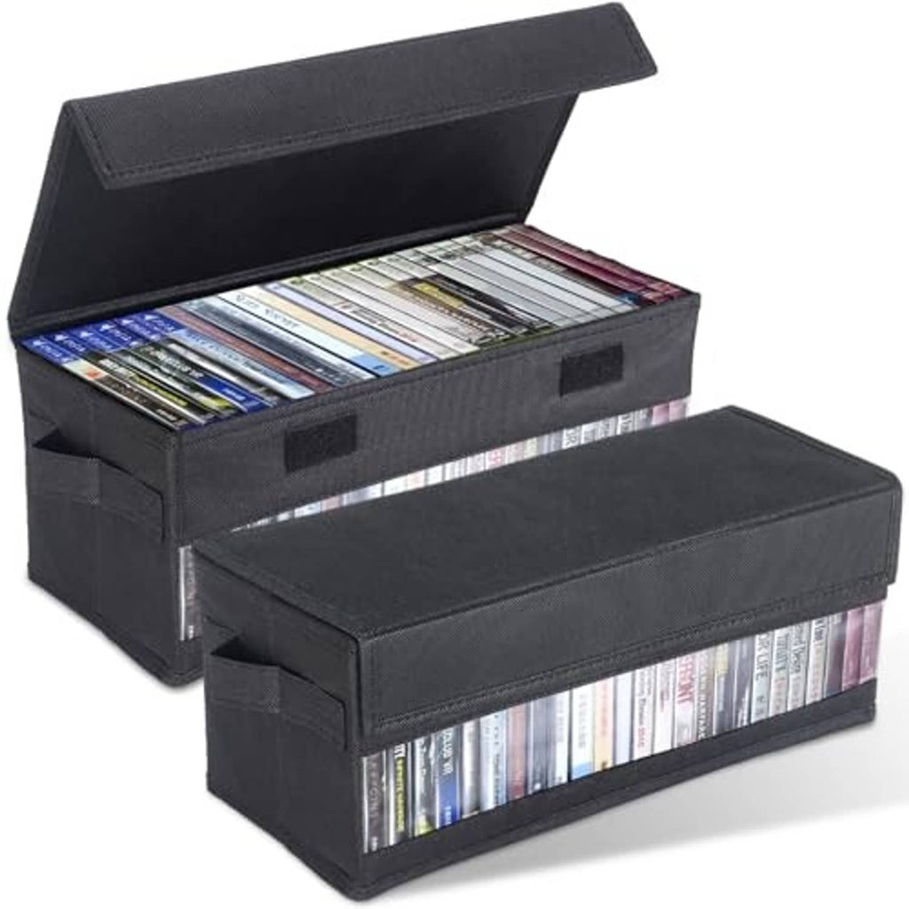 Black media storage box set with clear windows and hinged lids, stacked for storage