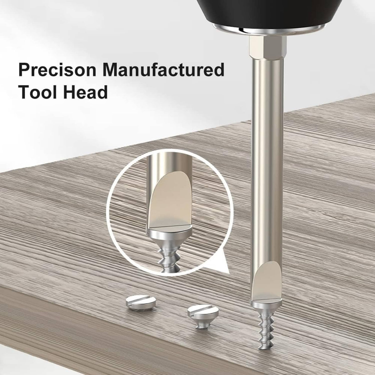 Precision flat-head slotted screwdriver bit driving a screw into wood