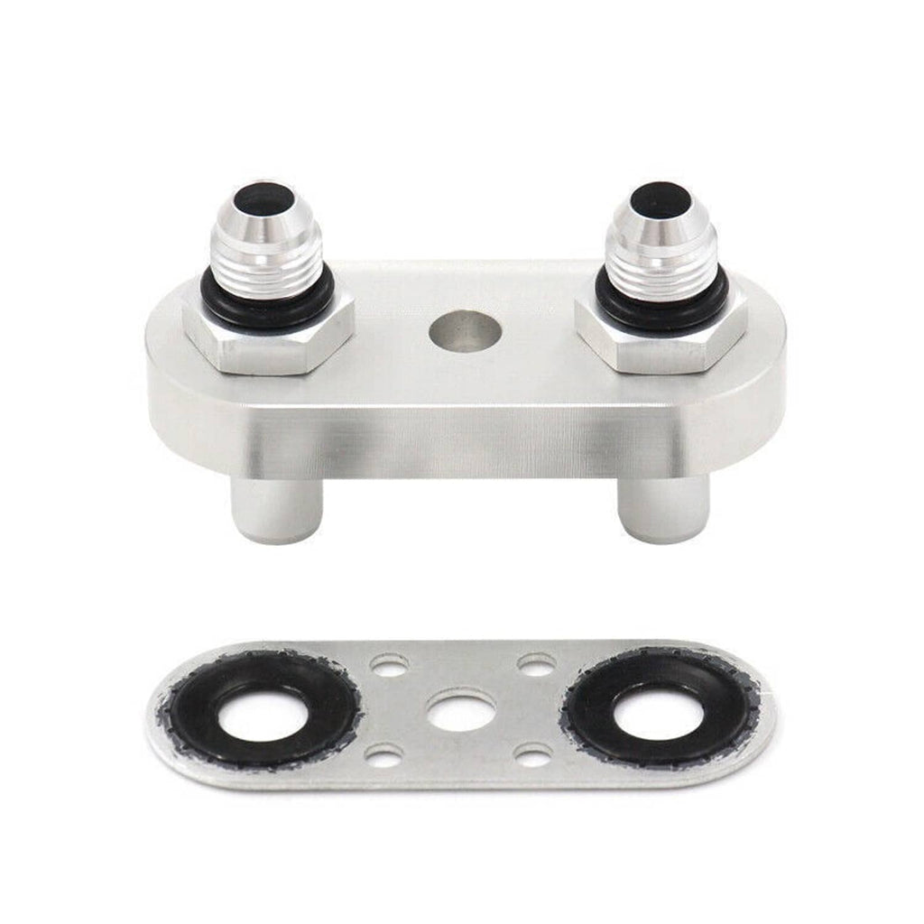 Transmission cooler adapter plate with two threaded 6AN ports and black gasket pads