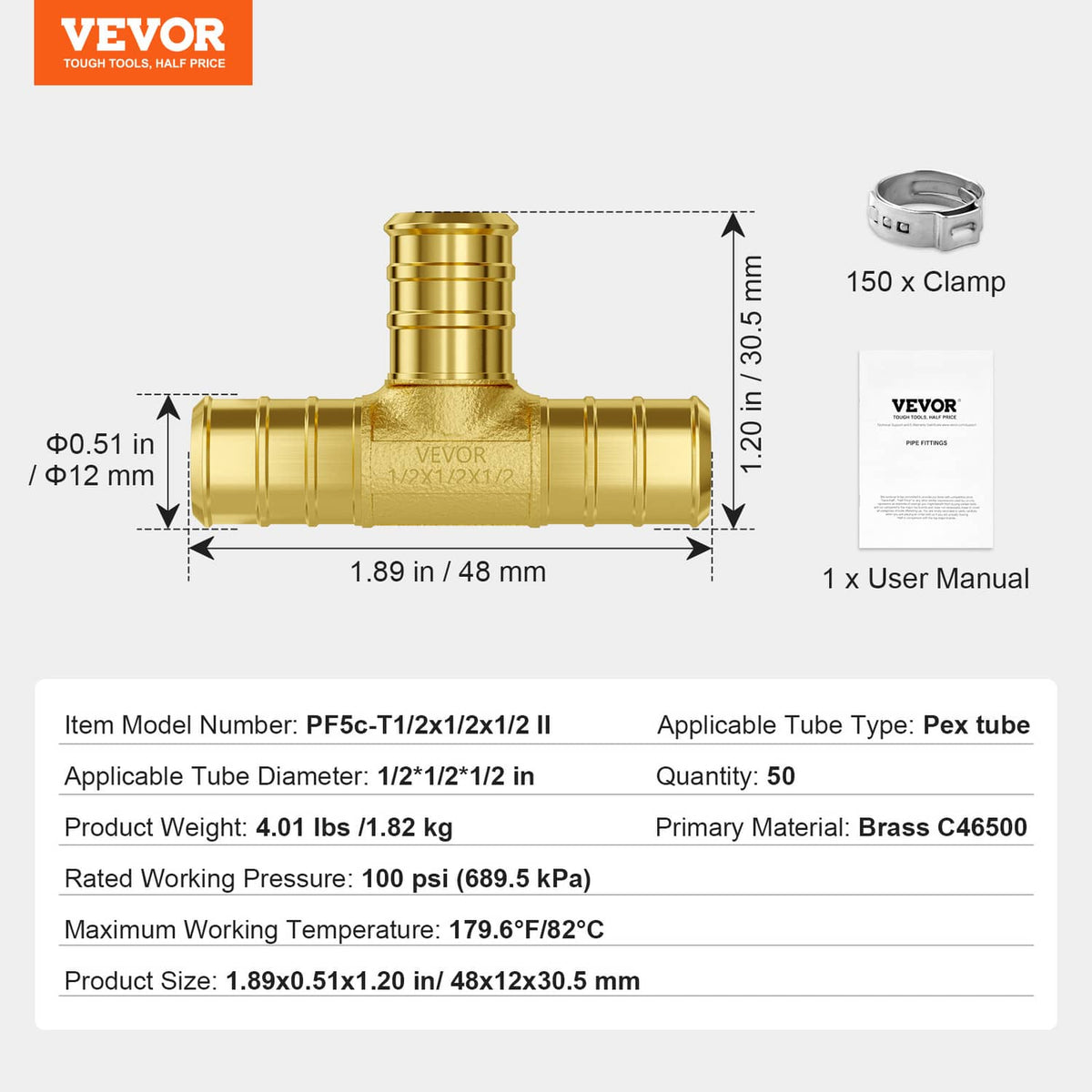 Brass clamp-style tee fitting with included clamps quantity and user manual graphics