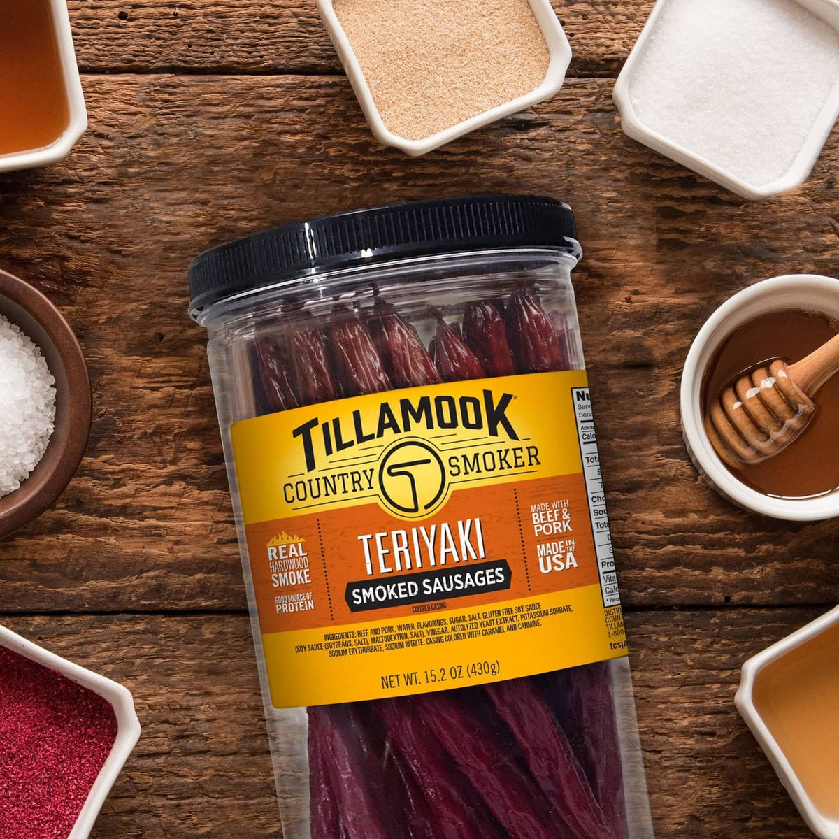 Tillamook Country Smoker teriyaki smoked sausages jar with dark red sticks