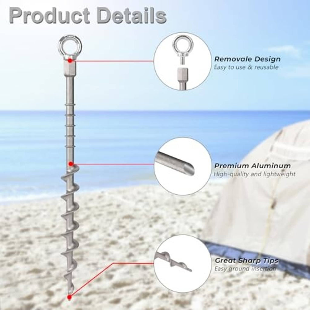 Ground anchor detail view with metal eyelet, coiled spiral shaft, and removable insert section