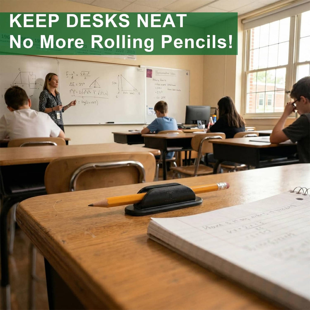 Black silicone desk pencil holder with an orange pencil resting inside