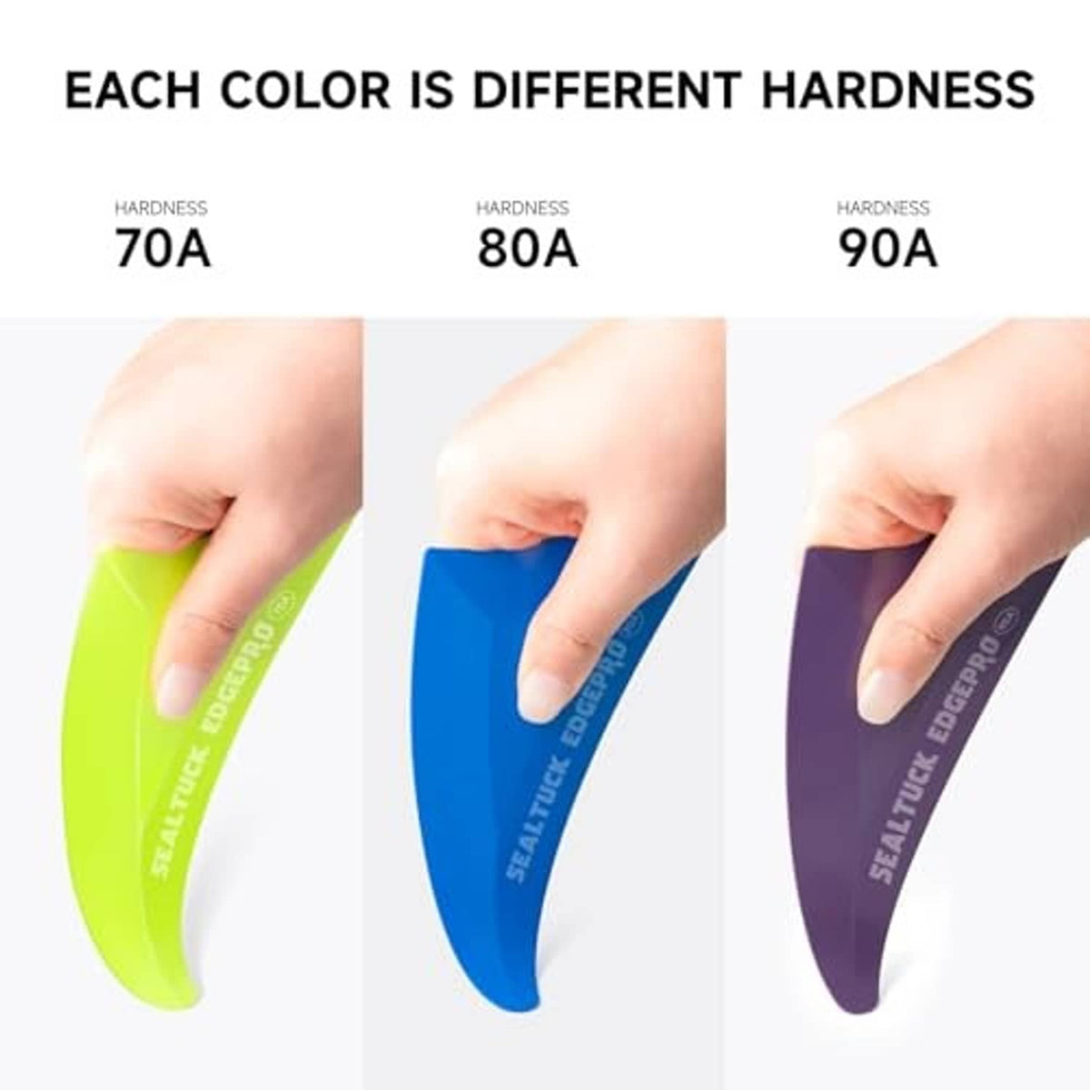 Triangle window tint squeegees showing 70A, 80A, and 90A hardness by color