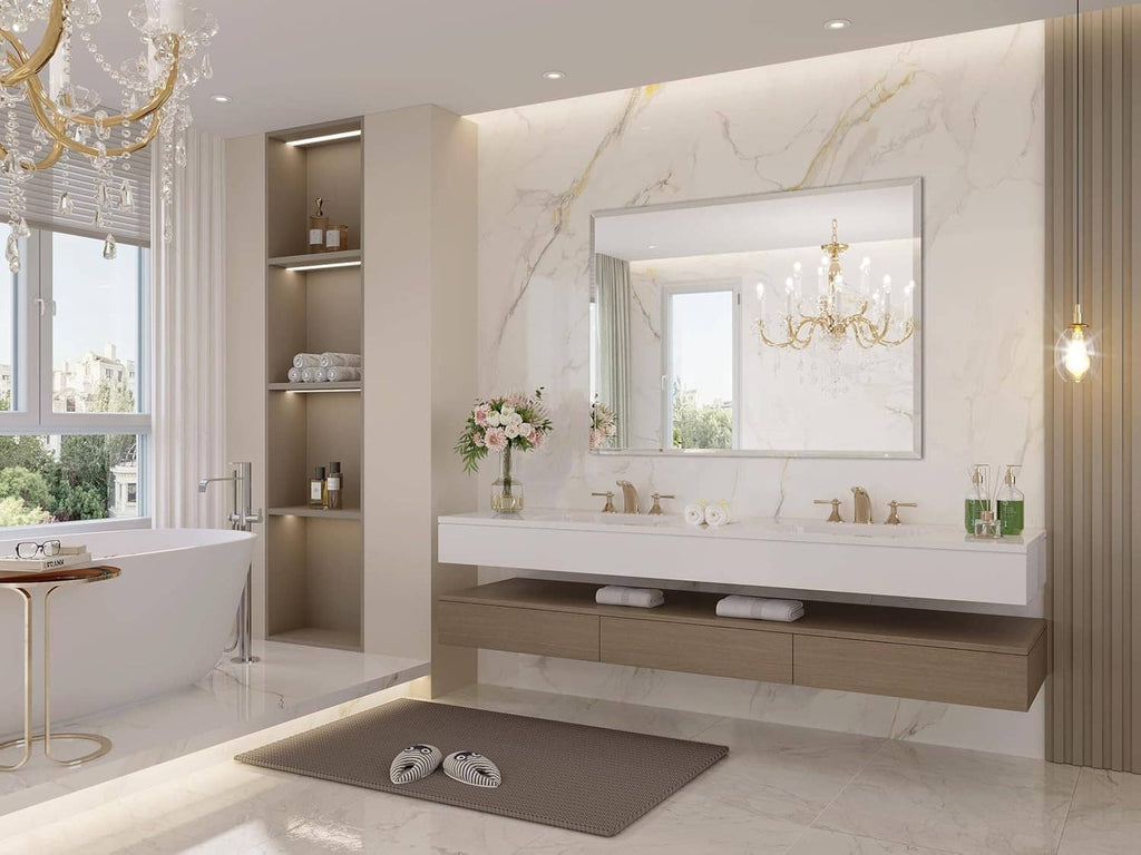 Frameless bathroom mirror with beveled edges centered above dual sink vanity