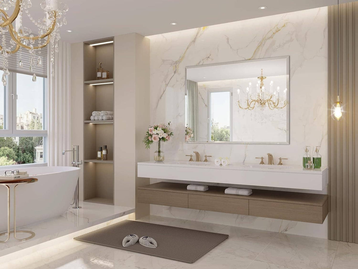 Frameless bathroom mirror with beveled edges centered above dual sink vanity