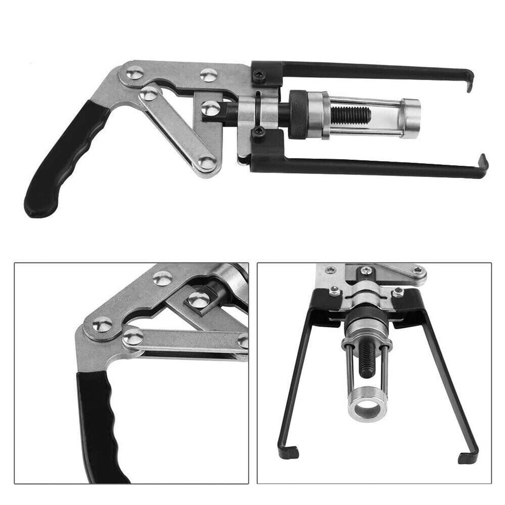 Valve spring compressor tool with black handle legs and threaded press screw