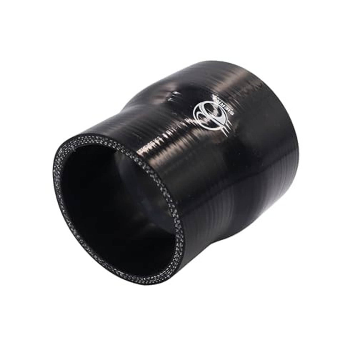 Black silicone reducer coupler hose with textured reinforcement and flared opening