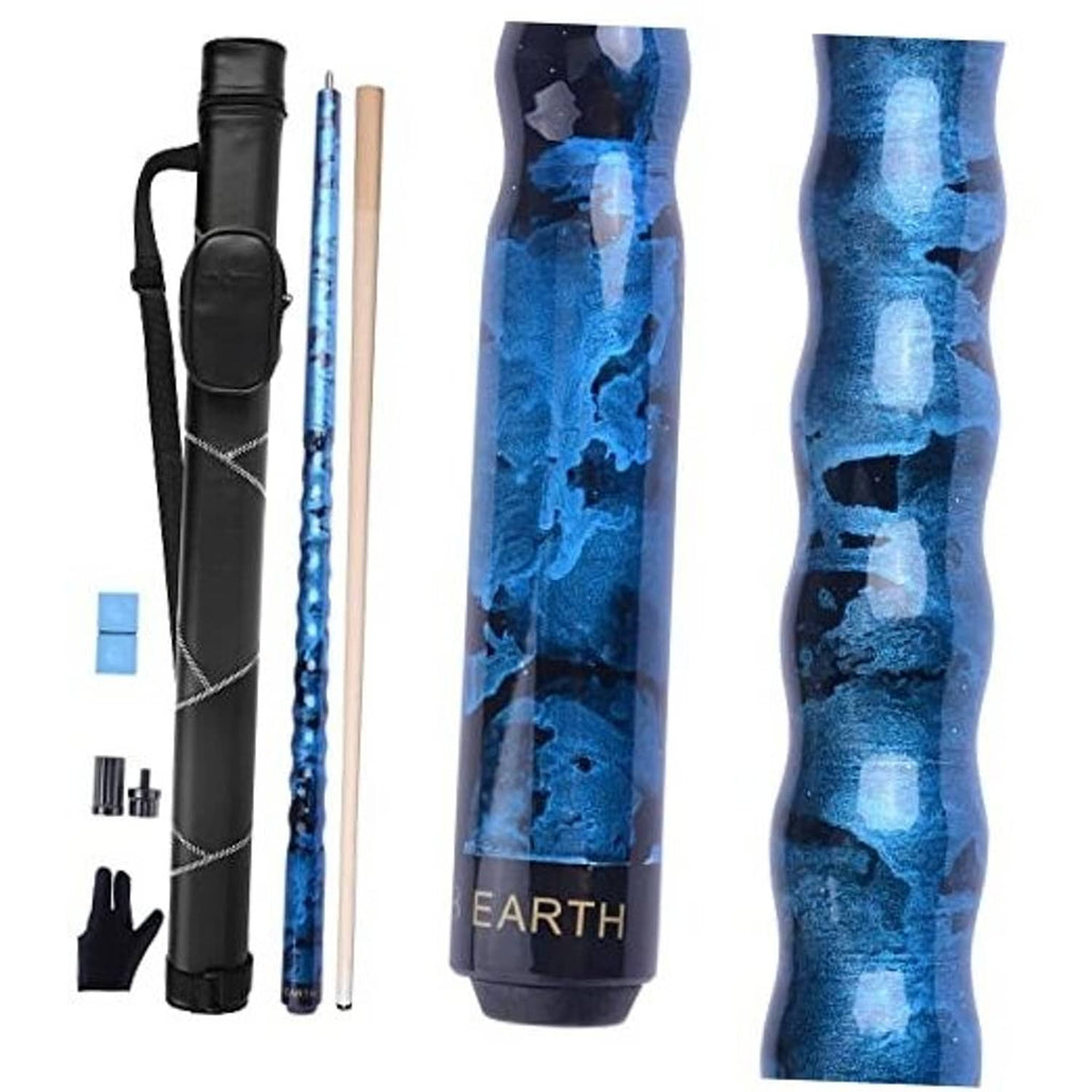 Blue ergonomic pool cue stick kit with hard case and accessories, maple wood shaft.