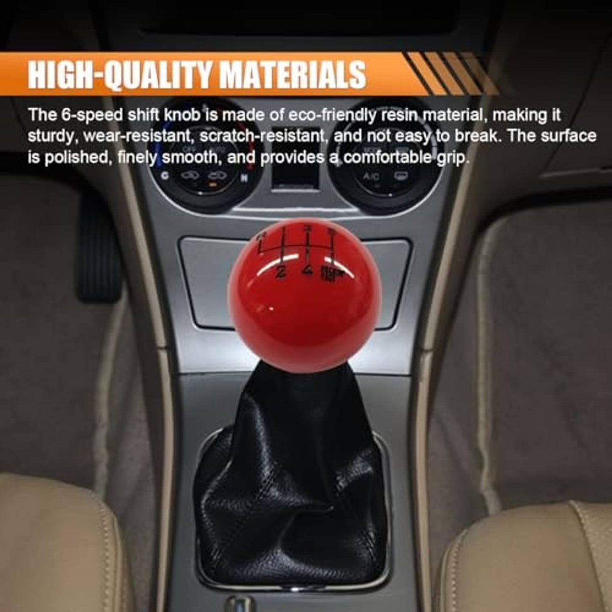 Red 6-speed gear shift knob with numbered grid on a shifter base and black boot