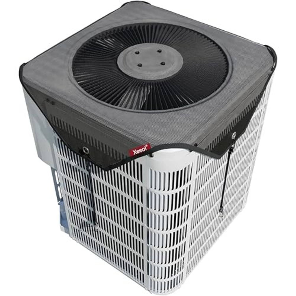 Square mesh outdoor AC cover with circular top opening and secure side grommets